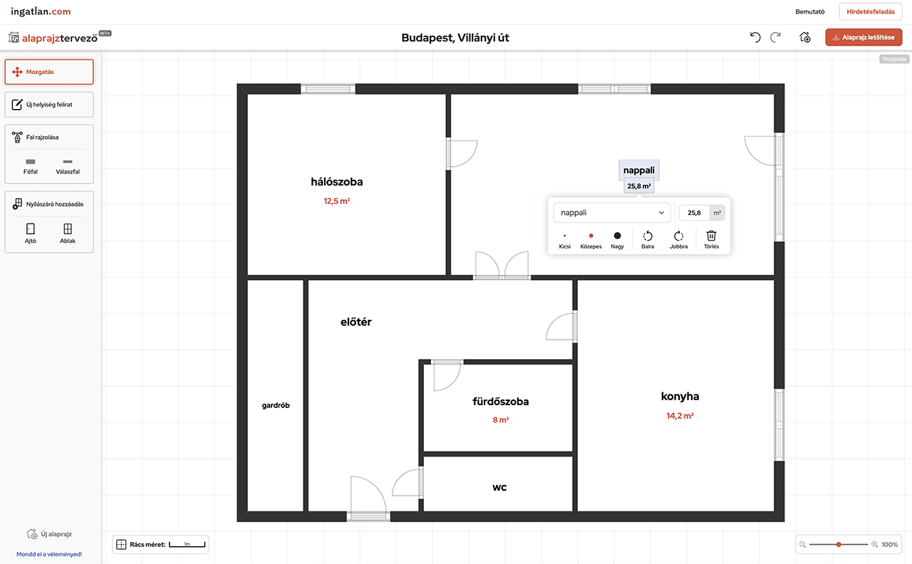 Helyiségek elnevezése és méretei